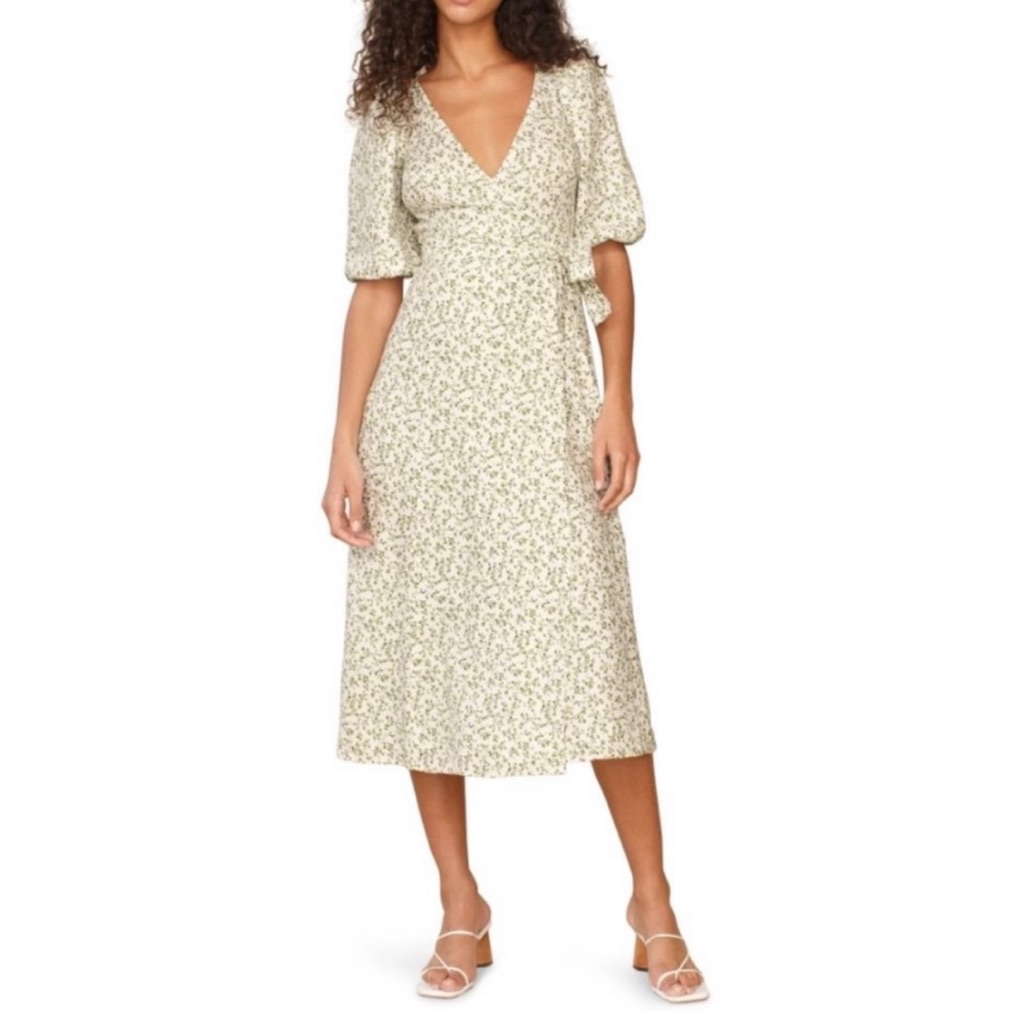 Reformation Mint Linen Midi Wrap Dress Floral Print V Neck Women's Size L